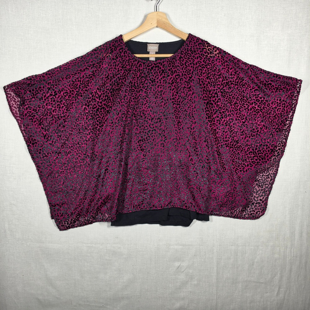 Chicos Poncho Top Womens 1 Magenta Black Leopard Velvet Burnout Overlay Mob Wife